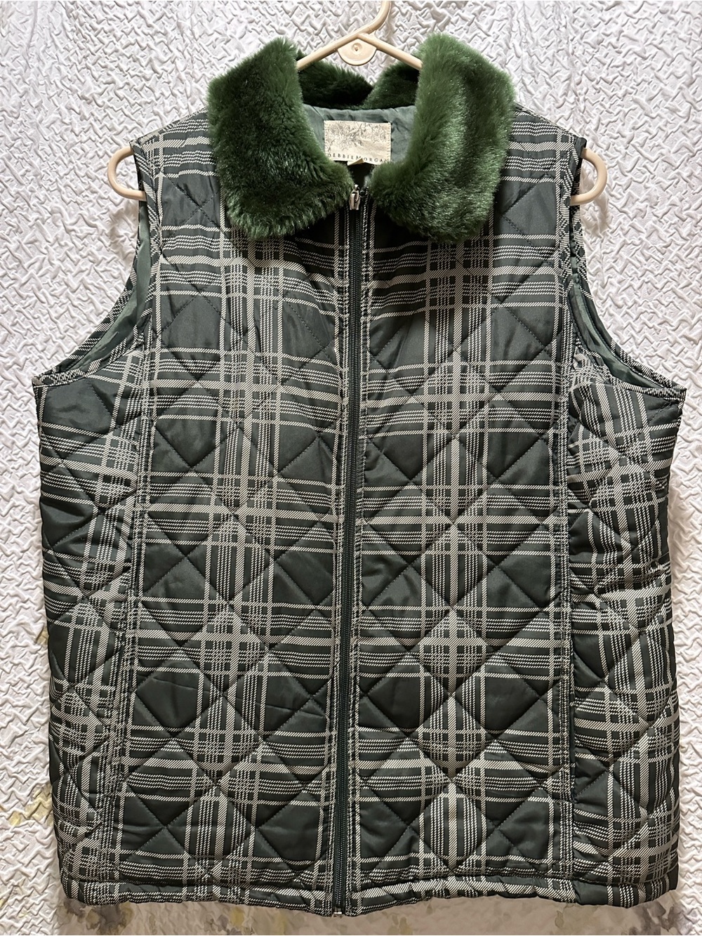 Debbie Morgan Green Faux-Fur Collar Green-and-White Plaid Quilted Vest